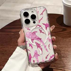 Stylized Whale Shark Watercolor PatternPrinted Phone Case, Transparent Acrylic Magnetic Shockproof Hard Case with Magnetic Ring, Wireless Charging, Fit for iPhone 17 E Air Pro ProMax iPhone16 15 14 Plus 13 12 11 X XS XR, Stylish Gift Choice