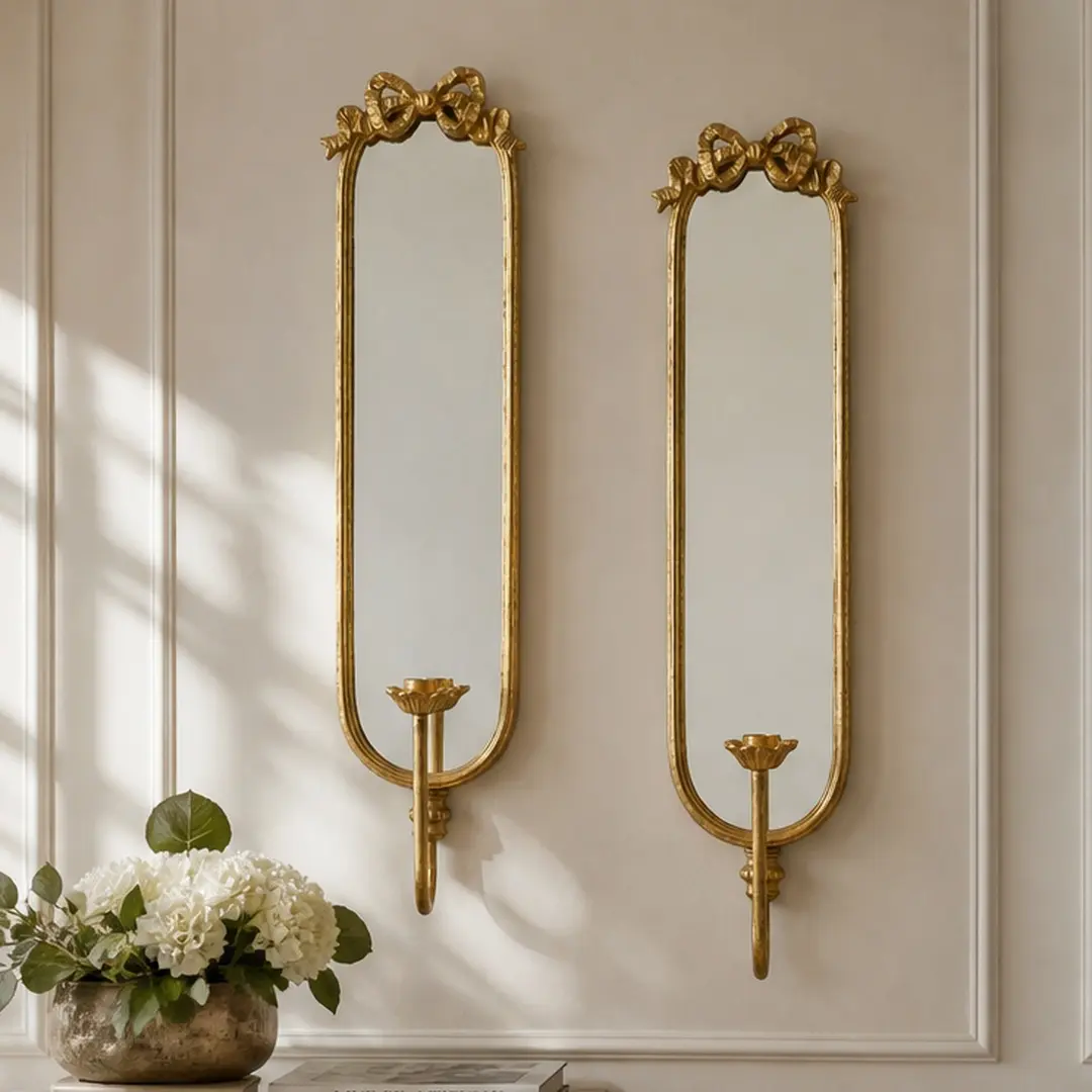 Gold Mirrored Wall Sconces (Set of 2) - 28-in Bow-Top Iron Sconces with Decorative Taper Candle Holders, Gilded Finish, Parisian Style, Light Up Your Space for Living Room & Bedroom Wall Decor