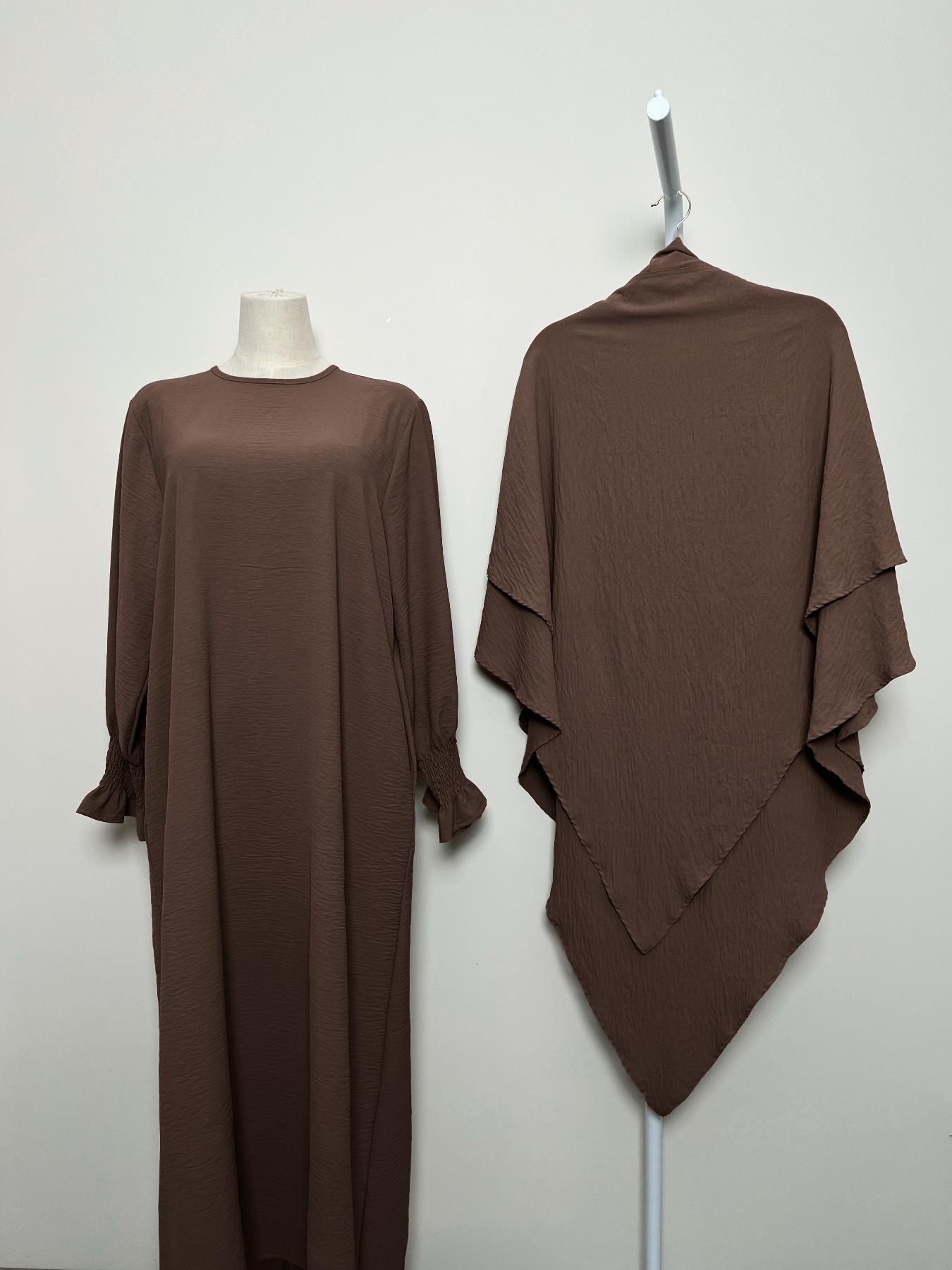 Women's 2-Piece Solid Color Long Sleeve Dress & Hijab Set, Modest Outfit for Daily Wear, Women's Islamic Clothing for All Seasons, Abaya Hijab Set