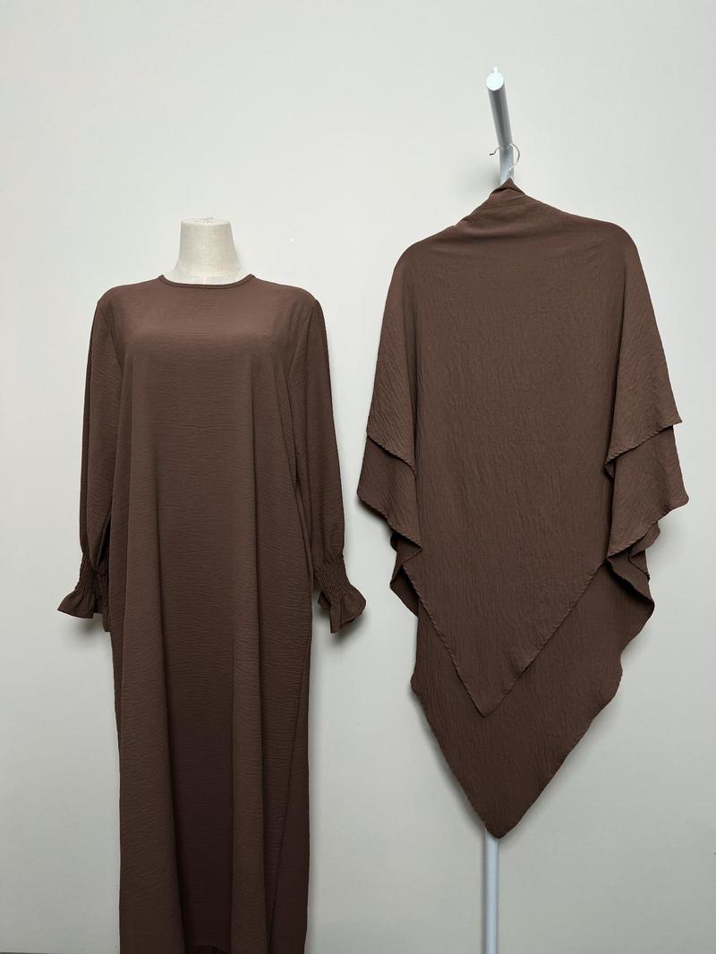 Women's 2-Piece Solid Color Long Sleeve Dress & Hijab Set, Modest Outfit for Daily Wear, Women's Islamic Clothing for All Seasons, Abaya Hijab Set