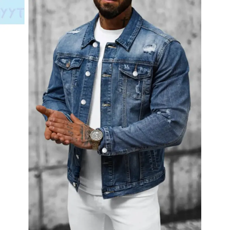 YYT1 Stylish Streetwear Men Ripped Distressed Slim Jacket Male Casual Jean Jacket Coat Menswear Tops Long Sleeve Slim Style Jacket DFYD