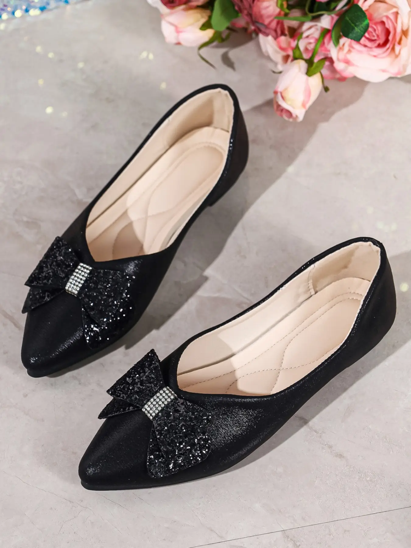 Elegant PU Leather Flat Shoes, Butterfly Knot Design, Metal Pearl Finish, Soft Sole, Perfect for Parties and Daily Wear