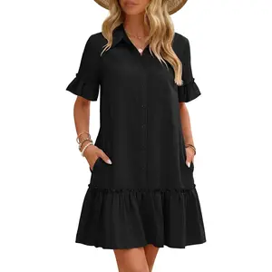 2026 Summer Casual Shirt Dress Button Down Ruffle Sleeve Shift Mini Dresses with Pockets