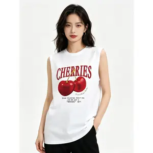 Cherry & letter print round neck tank top, regular fit. Tropical style sleeveless top, ideal men's casual wear for summer daily outfits