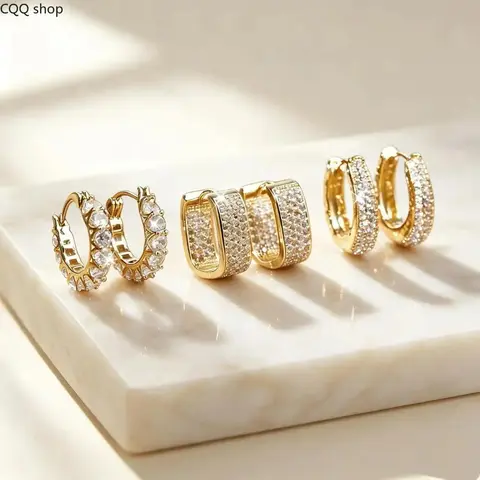 Women's 3-Pair 14 Karat Gold Plated Stackable Hoop Earrings Set - Geometric, Round Huggie Earrings with Hinged Clasps, Model DDES0407 (Sports & Outdoor Accessories Compatible), Stackable Earrings, Three Pairs