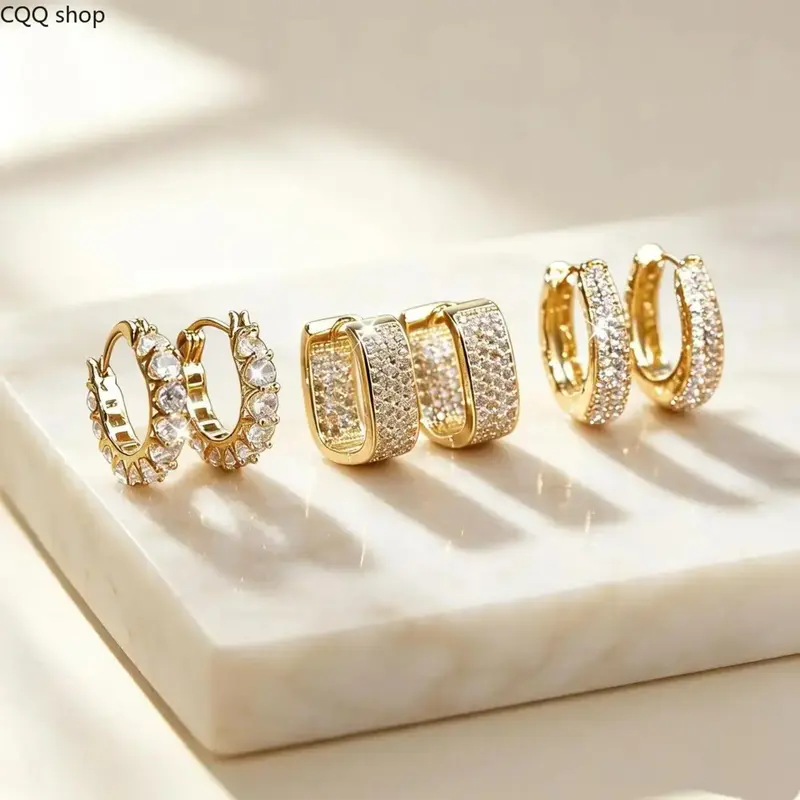 Women's 3-Pair 14 Karat Gold Plated Stackable Hoop Earrings Set - Geometric, Round Huggie Earrings with Hinged Clasps, Model DDES0407 (Sports & Outdoor Accessories Compatible), Stackable Earrings, Three Pairs