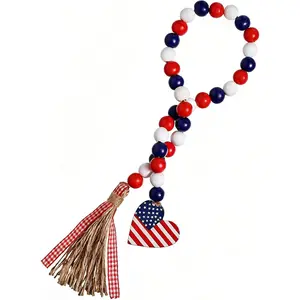 Wood Bead Garland with American Flag and Rustic Tassels, Farmhouse Wall Hanging Prayer Beads Patriotic American Independence Day 4th of July Ornaments for Home Decorfidget toys