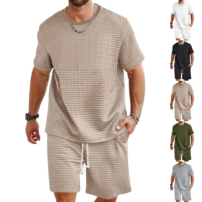 Men's 2-Piece Summer Solid Color Crew Neck Shortsleeve T-Shirt & Shorts Casual Sport Matching Set, Mens Clothing with Small Checkers Spandex-Polyester Knitting Fabric, Basics Athleisure Suit