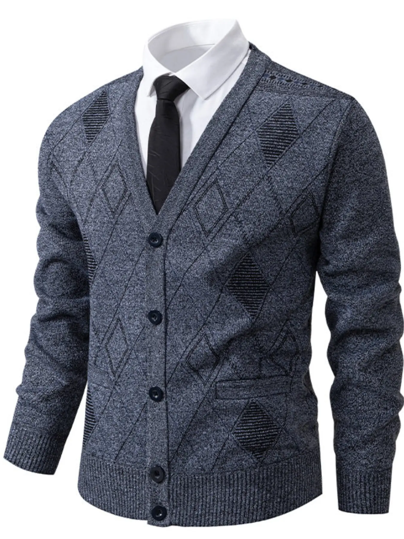 Men's V Neck Argyle Cardigan, Long Loose-Fitting Knit Jacket, Button Closure, Fall & Winter Casual Wear, Warm and Stylish Knitwear