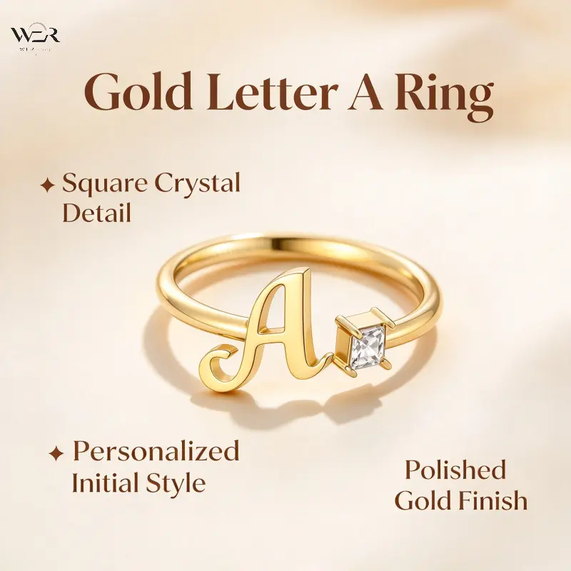 Women's Stainless Steel 26 Letter CZ Open Ring, Vacuum Plating Titanium Steel Band, Minimalist Personalized Alphabet Zircon Ring, Non Tarnish Trendy Stackable Finger Jewelry for Daily Wear