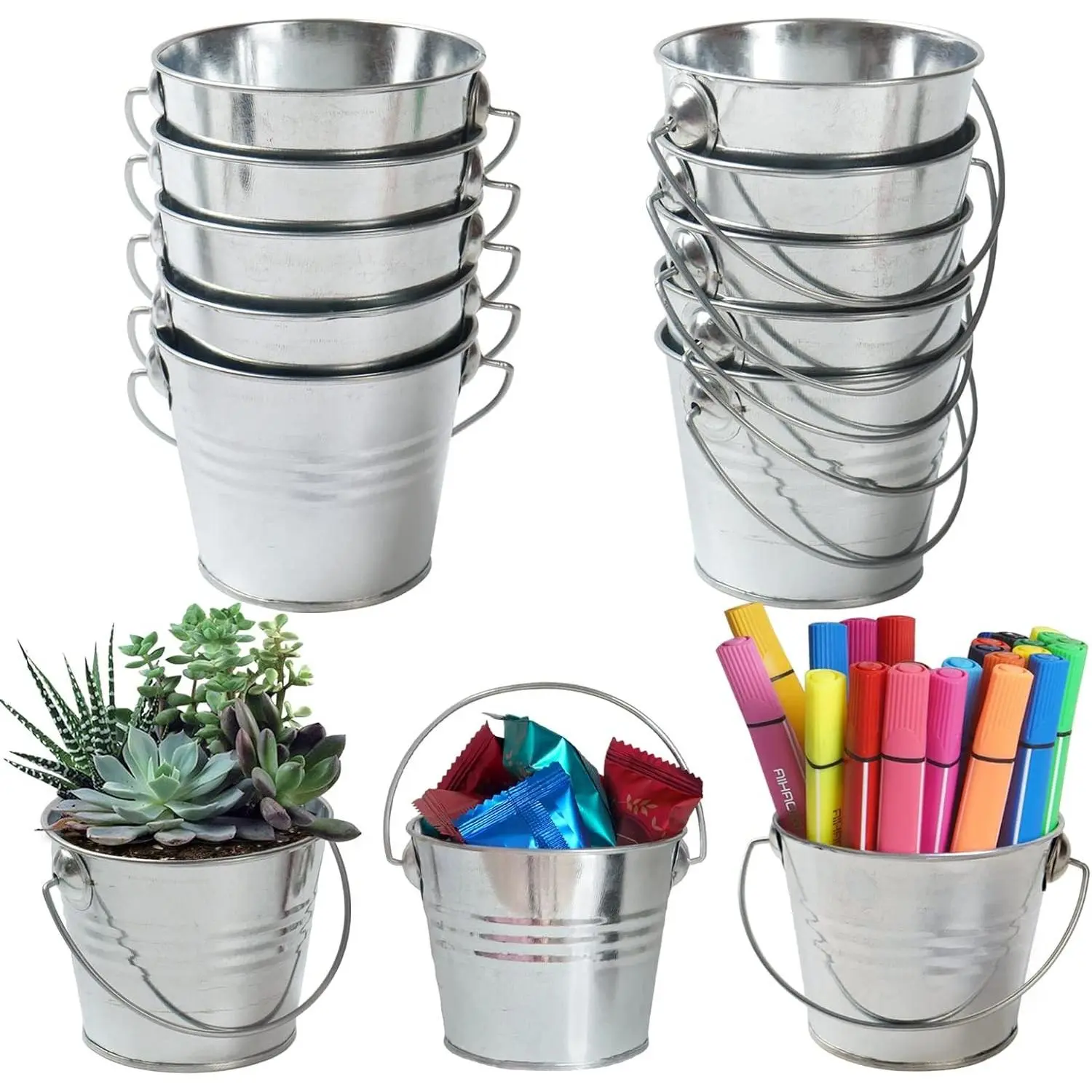 10pcs 3 inch Tall Galvanized Metal Buckets Mini Planters for Succulent,Centerpieces for Party, Wedding Ornaments. (10pcs mini Buckets)