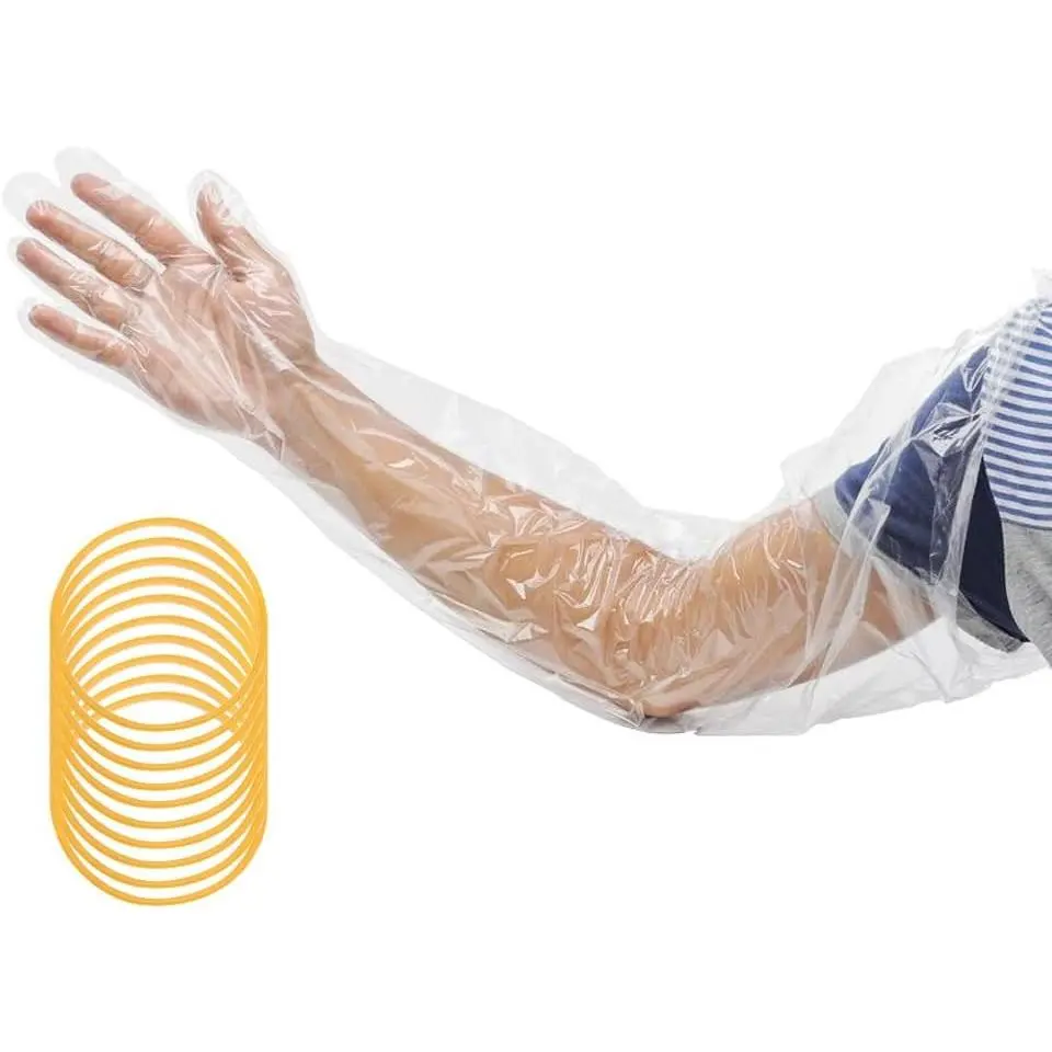 50 Pcs Disposable Long Gloves Full Arm Shoulder Length 35.5 Inch Plastic Dressing Gutting Gloves for Field Dressing House Cleaning Gardening (Come with 20 Free Rubber Bands)