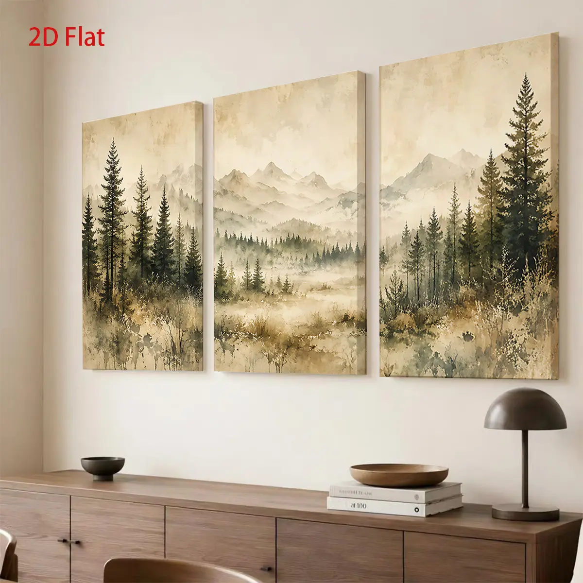 2D 3-Piece Misty Mountain & Pine Tree Landscape Canvas Wall Art Set, Waterproof Prints, Ready to Hang, Home Decor Gift for Father's Day, Graduation
