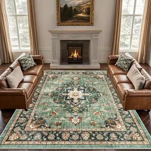 1pc of Luxurious Velvet Area Rug, Emerald Green & Beige Traditional Persian Medallion Non-Slip Washable Carpet for Living Room Bedroom Dining Room