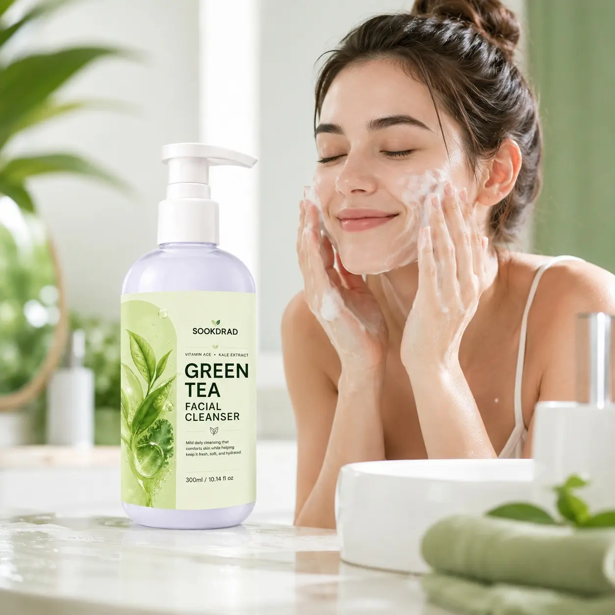 Green Tea Facial Cleanser, Vitamin ACE, Kale Extract, mild daily cleansing, Gentle Cleanser, hydrating, softening, face, all skin types, 10.14 fl oz, daily use, 300ml