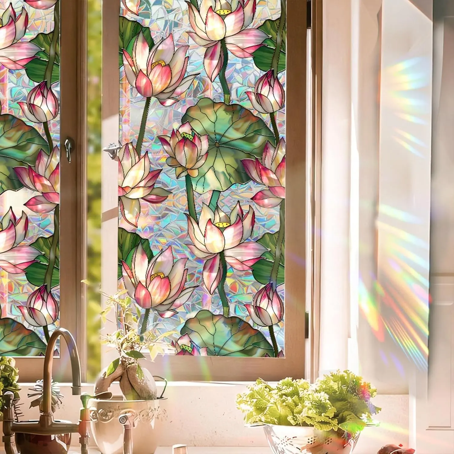 Stained Glass Window Film, Privacy Static Cling, 17'' x 78.74'' | UV Sun Blocking Sunroof Sticker, Floral Decorative Cling, Window Tint for Home, Removable Non-Adhesive Reusable Glass Decal
