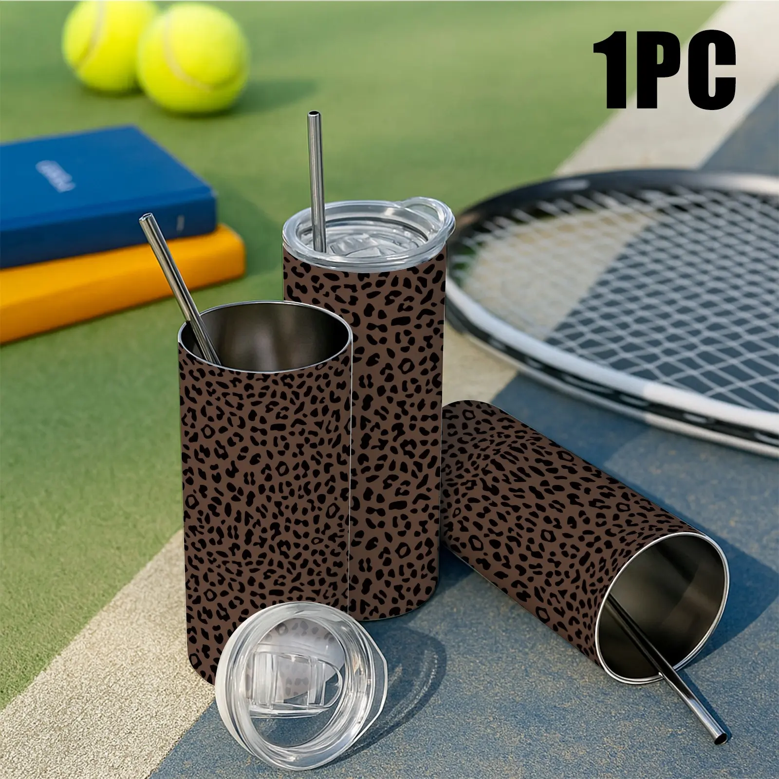 1 Pack 20oz Brown Leopard Print Tumbler with Lid & Straw, Stainless Steel Vacuum Insulated Travel Cup, Flasks, Reusable Hot & Cold Coffee Mug, Cup Holder Friendly, Animal Print Drinkware for Women, Daily Office Travel Gift