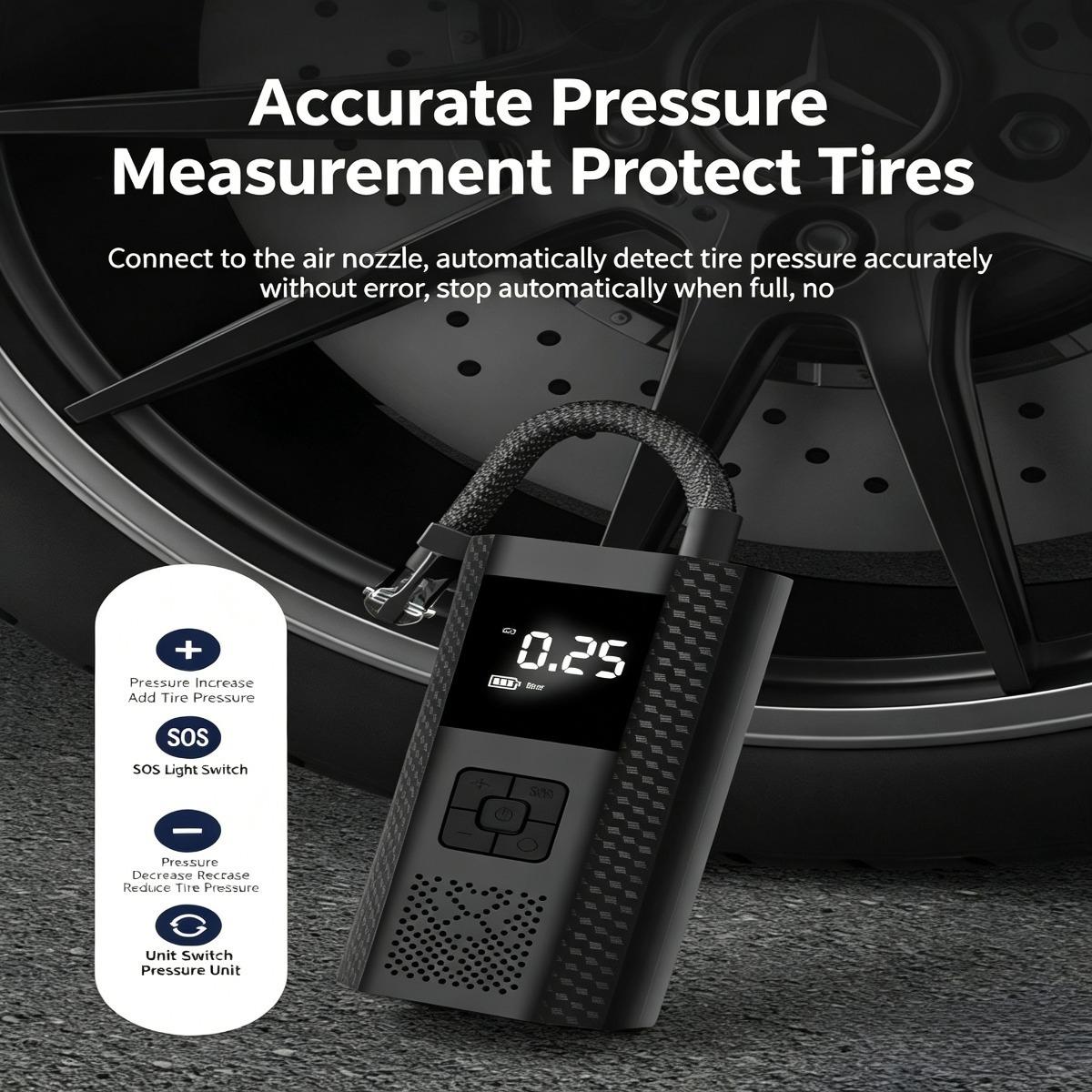 Portable Cordless Tire Inflator, 12V Wireless Car Air Pump with Digital Display, Rechargeable Battery Powered Tire Inflator with Power Bank Function Reusable