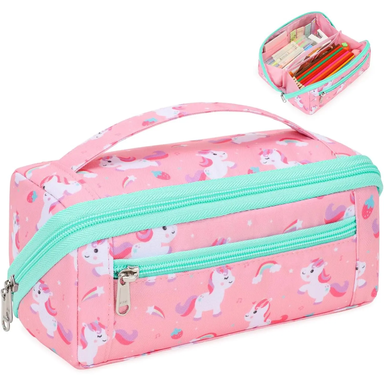 Cute Unicorn Large Pencil Pouch for Girls School, Office Stationery Supplies Wide-Opening Organizer Box, Study Tool Writing Stationery with Handle, Fits 50 Pens & Markers