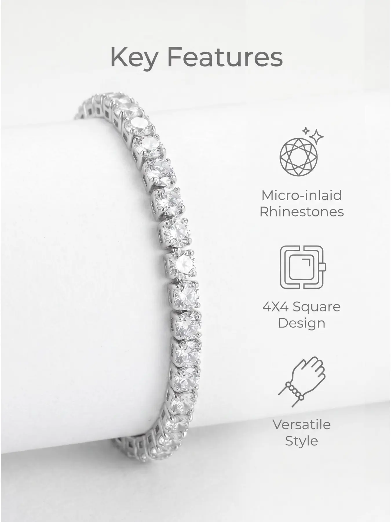 4mm Square Micro Pave CZ Tennis Bracelet, Silver & Yellow Gold Two Tone White Crystal Stackable Bracelet Minimalist Chain Jewelry Gift for Women Men Daily Party Crystal Bracelets
