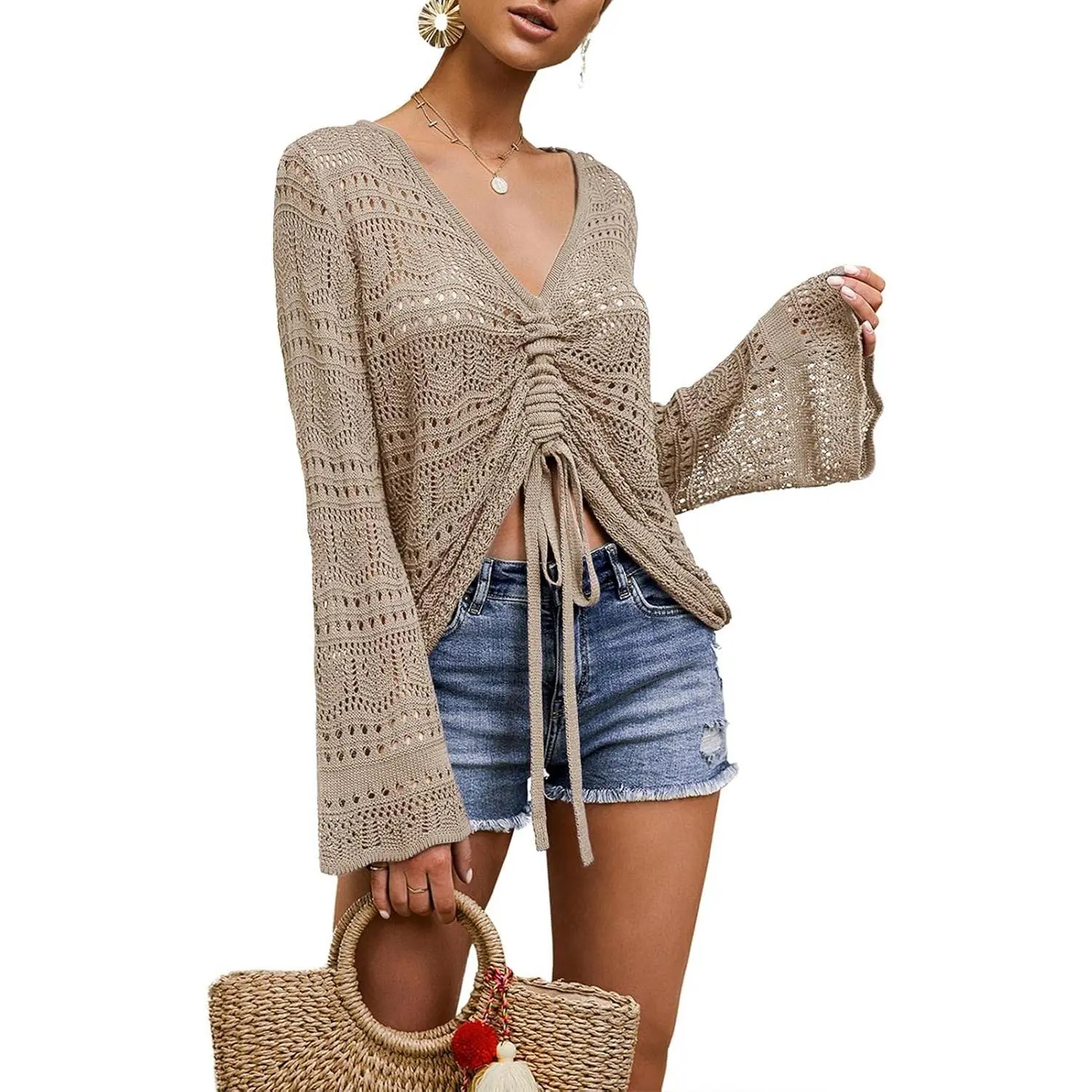 Women Crochet Top Beach Cloth Drawstring Shirt Cover Up Oversized Sexy Beachwear Lace Up Tee Poncho