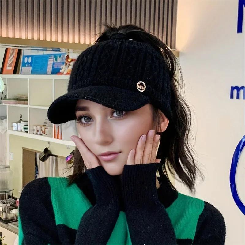 2025 Autumn and Winter Women's Warm Knitted Ponytail Sunshade Hat - Thick Warm Earcup Baseball Hat with Adjustable Shoulder Straps Quality Caps