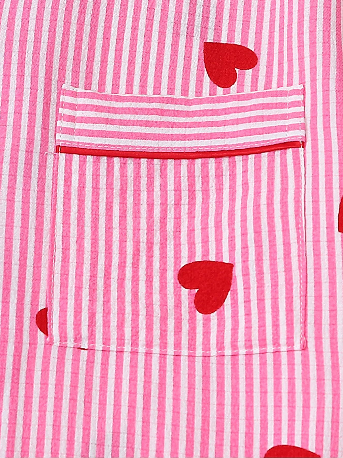 Women's Heart Print Short Sleeve Pajama, Casual Comfy Striped Print Lapel Neck Pocket Shirt & Pants PJ Set, Ladies Sleepwear for All Seasons, Loungewear, Pajamas Lounge Set