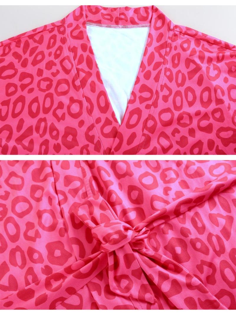 Plus Size Women's  Leopard Print Pajama Set, Casual Comfy Cami Top & Elastic Waist Pants & Long Sleeve Open Front Belted Robe Set, Loungewear Set for Women