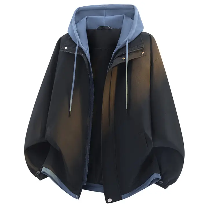 Fall Winter Men Fake Two Piece Hooded Workwear Jacket, Contrast Hood Splicing Design, Adjustable Drawstring, Zipper And Snap Placket, Side Pockets, Casual Long Sleeve Outerwear For Daily Trips And Light Outdoor Activities#sohochic