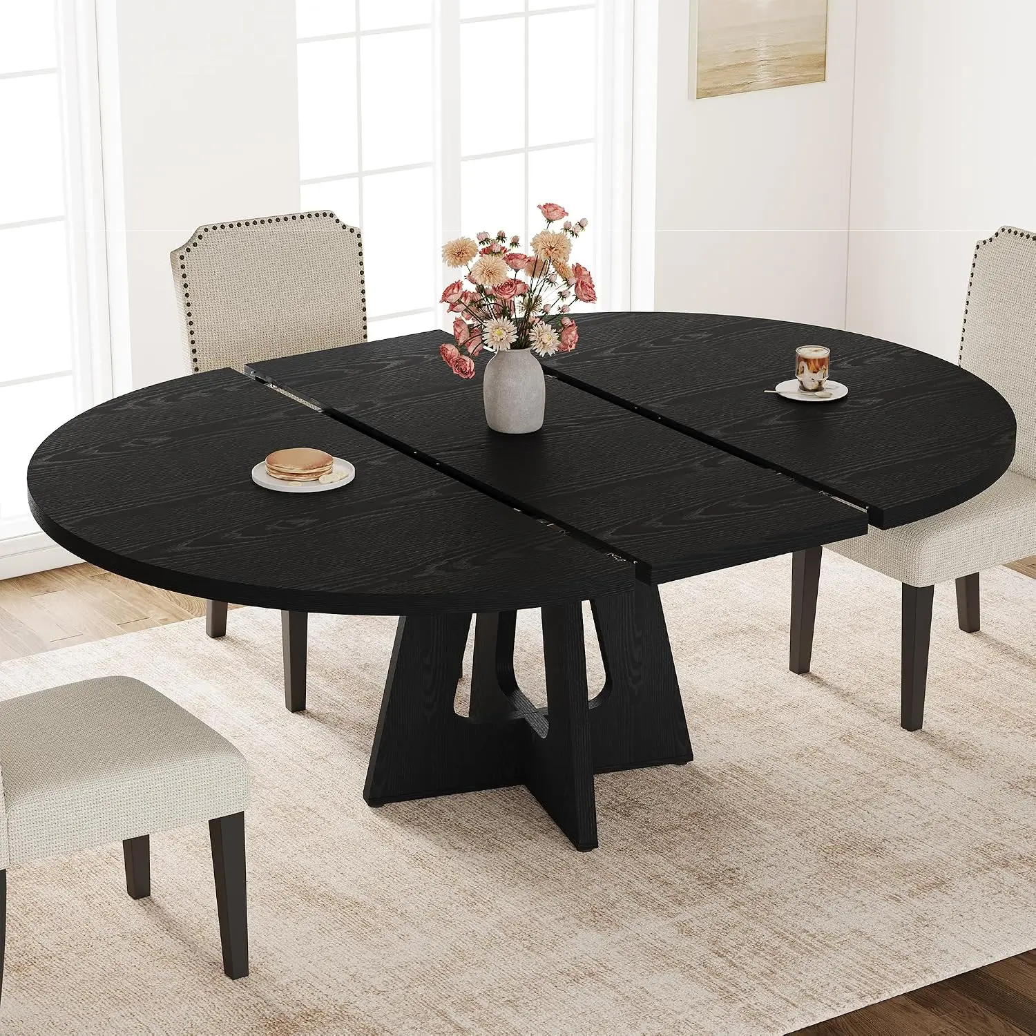 47-63 Inch Extendable Round Dining Table for 4-8 People, Oval Kitchen Table with Wooden Cross Pedestal Base & Storage Caddy, Farmhouse Dining Table, Black