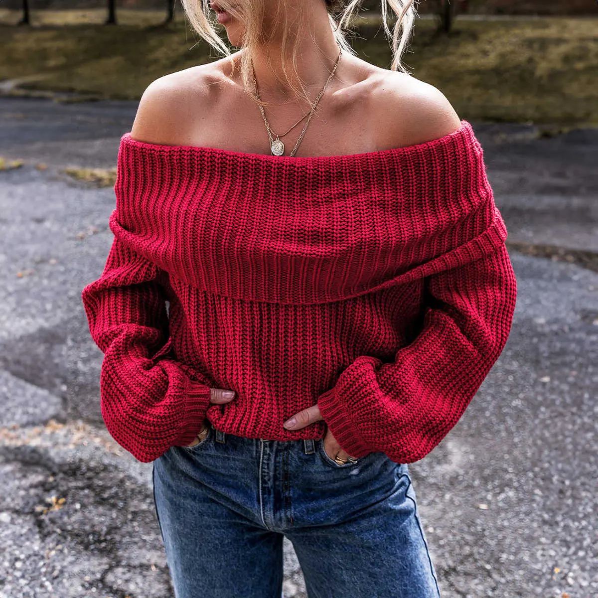 BF Women’s Red Off Shoulder Chunky Knit Sweater Oversized Cozy Pullover Fall Winter Trendy Fashion Top