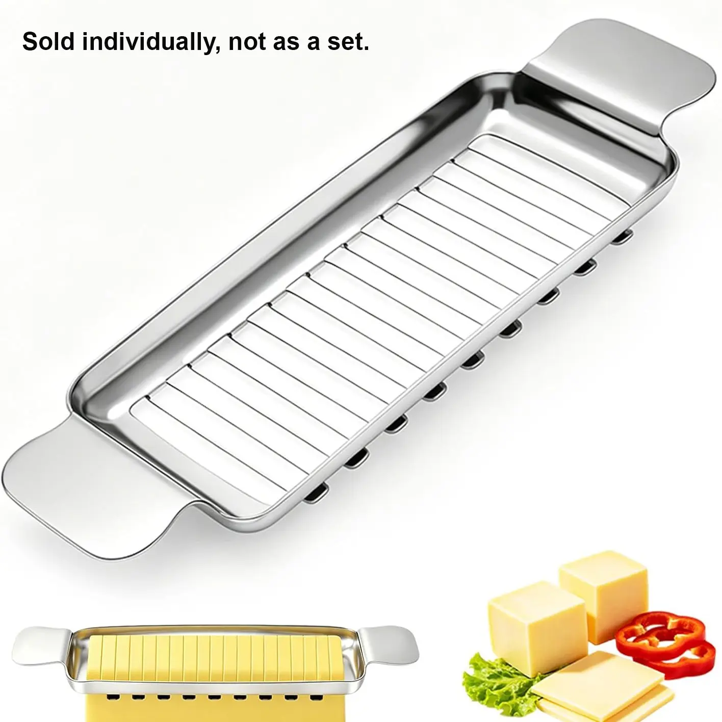 Upgraded Cheese Slicer, Kitchen Gadget, Stainless Steel Butter Cutter with Rectangular Base for Block Cheese, Butter and Soft Foods, Dishwasher Safe