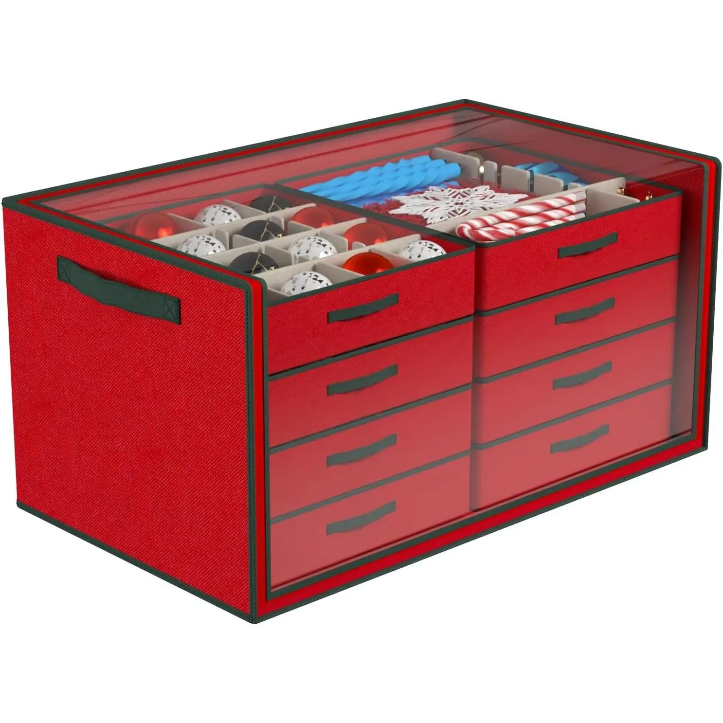 Christmas Ornament Storage with 8 Tray Dividers - Adjustable for 128-3” 72-4” 32-6” Holiday Ornaments, Fits Multiple Sizes Ornaments (Body Red, Clear Cover)