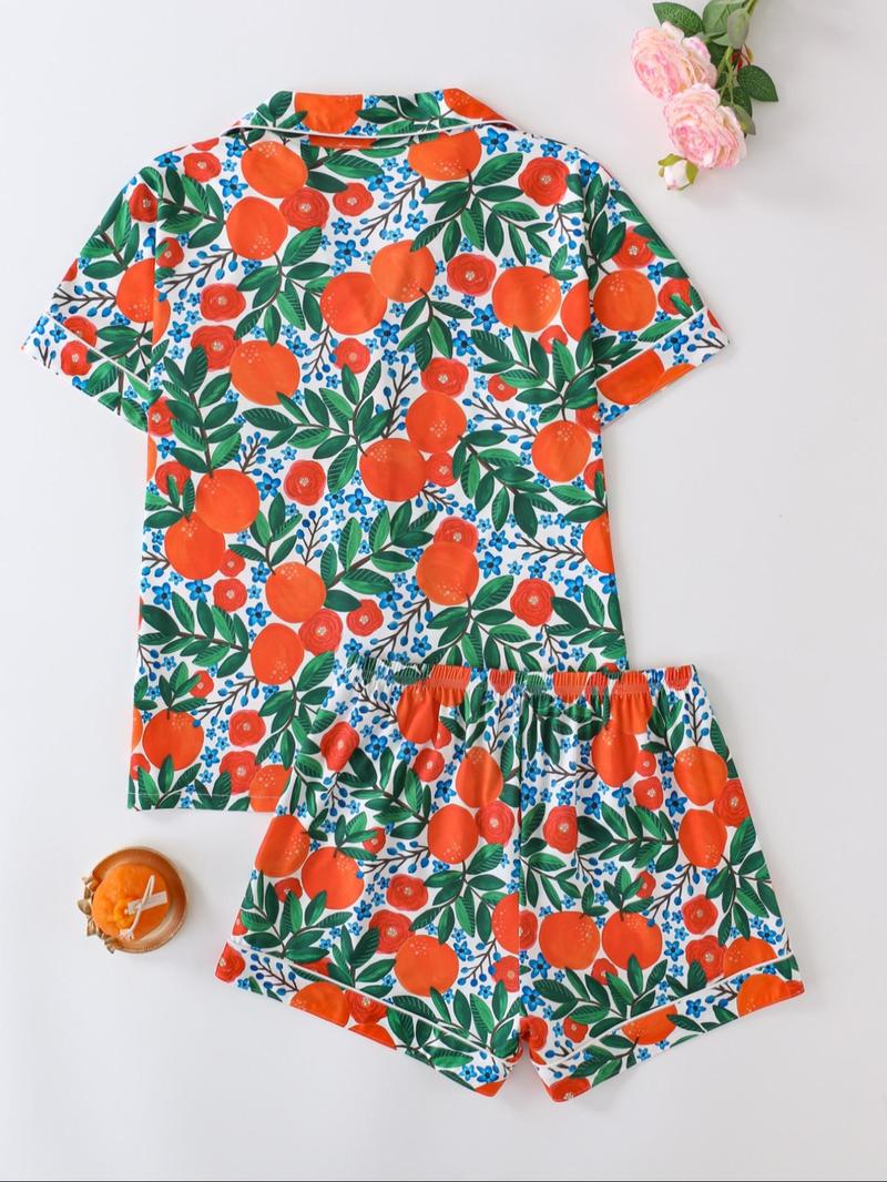 Women's All Over Print Pajamas Set, Button-up Short Sleeve Top & Elastic Shorts, Comfortable Summer Loungewear, Lady Elegant Nightwear, Womenswear, Casual Pajama Sets