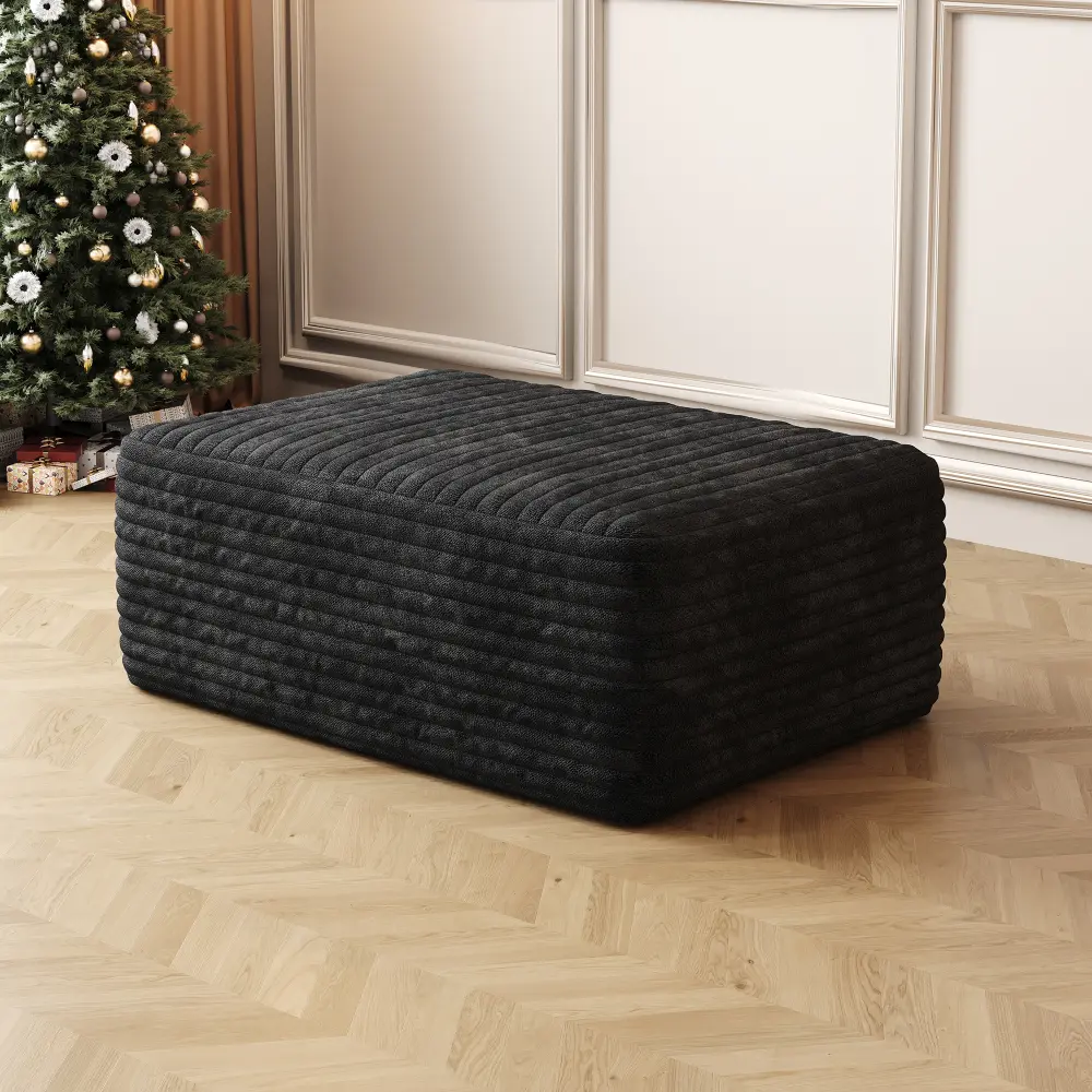 Plush Corduroy Sofa Ottoman, No Assembly Required Comfy Accent Ottoman Footrest, Modern Upholstered Storage Ottoman Stool, Soft Fabric Pouf for Living Room Bedroom Apartment Lounge Chair Decor, Black