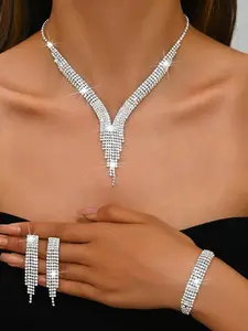 4-piece elegant bride earrings and necklace set, V-shaped tassel necklace set with claw chain and rhindiamond, synthetic gemstone, wedding bride jewelry set, suitable for daily wear and parties, all-season accessories, accessories, clothing and jewelry.