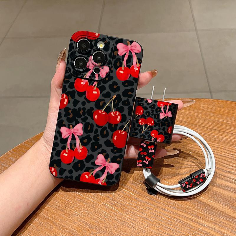 Cherry Pattern Phone Case with Charger Head Cover & Cable Protector & Storage Rope, Shockproof Phone Case for iPhone, Casing, Accessories