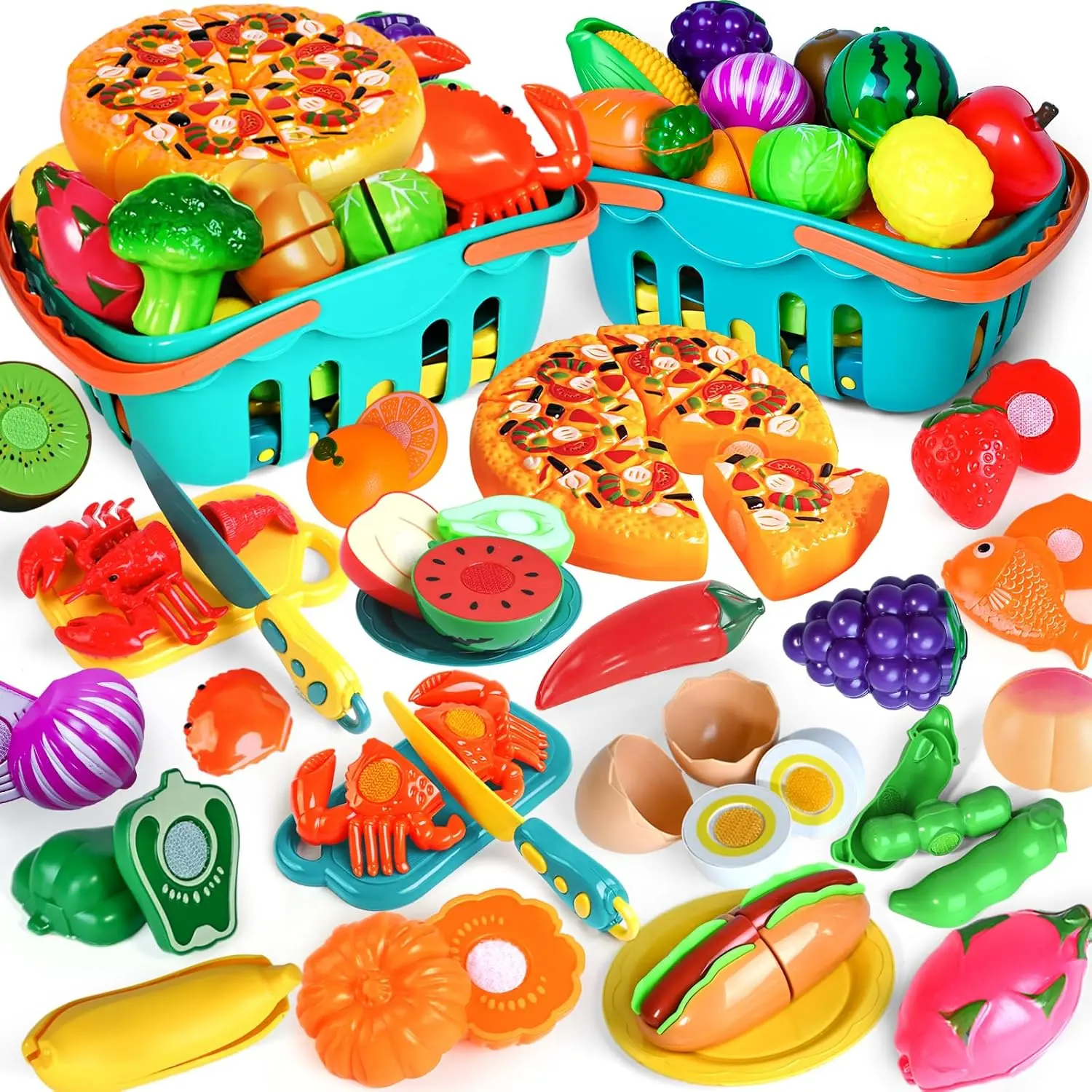 100 PCS Cutting Play Food Toy for Kids Kitchen, Pretend Food Toys for Toddlers, Play Kitchen Toys Accessories with 2 Baskets, Fake Food/Fruit/Vegetable, Birthday Gifts for 3 4 5 Years Old Boys Girlsfidget toys