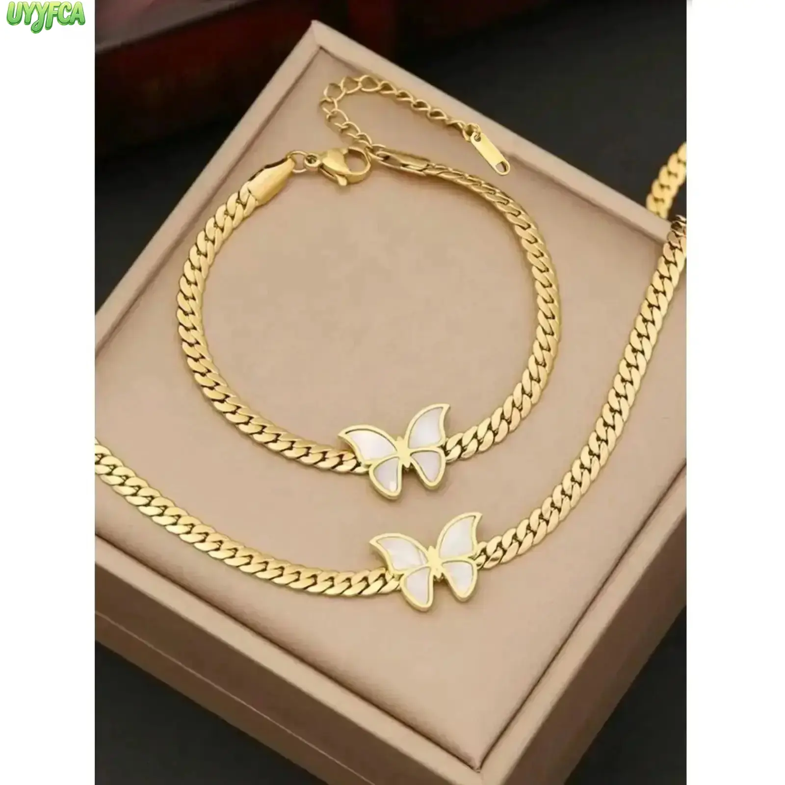 Women's 2-Piece Butterfly Pendant Charm Jewelry Set - Plated Stainless Steel Flat Curb Chain Necklace & Bracelet, Dainty Hypoallergenic Tarnish-Resistant Bag Charm & Twilly for 4th of July, Party, Daily Use, Birthdays, Elegant