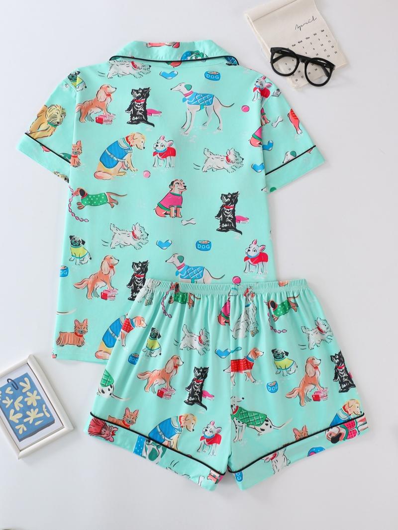 Women's Dog Print Top & Shorts Pajama Two-piece Set, Casual Comfy Short Sleeve Top & Shorts Pajama Set, Ladies Sleepwear for All Seasons, Loungewear, Womenswear, Sleep Pajamas Shorts