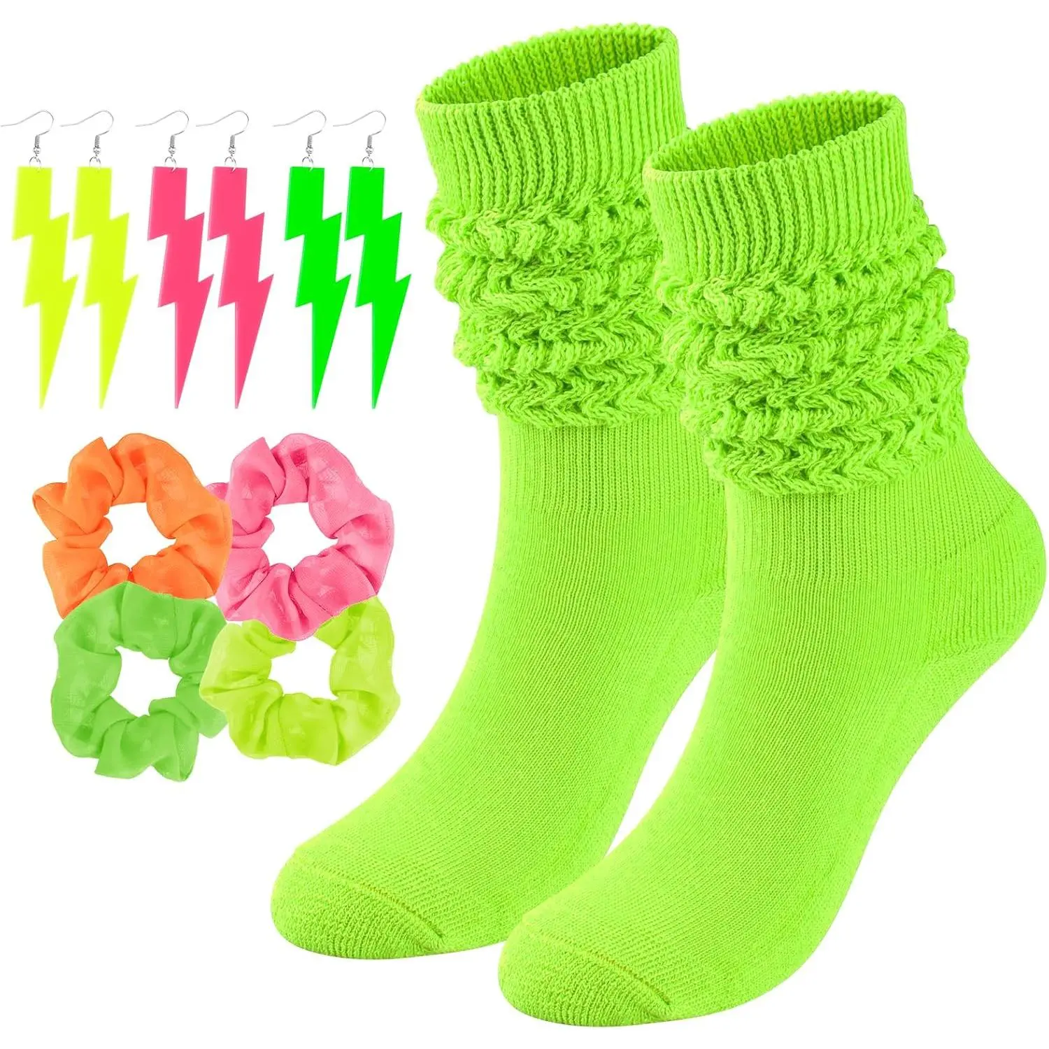 Women's Neon Slouch Knee-High Socks with Scrunchie Set & Neon Earrings, 80s-90s Party Theme Festive Party Bag Gift, Knee-High Fit