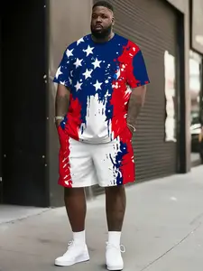 Men's Plus Size American Flag Print Set, Loose Fit T-Shirt & Drawstring Shorts, Summer Two-Piece, Breathable and Comfortable