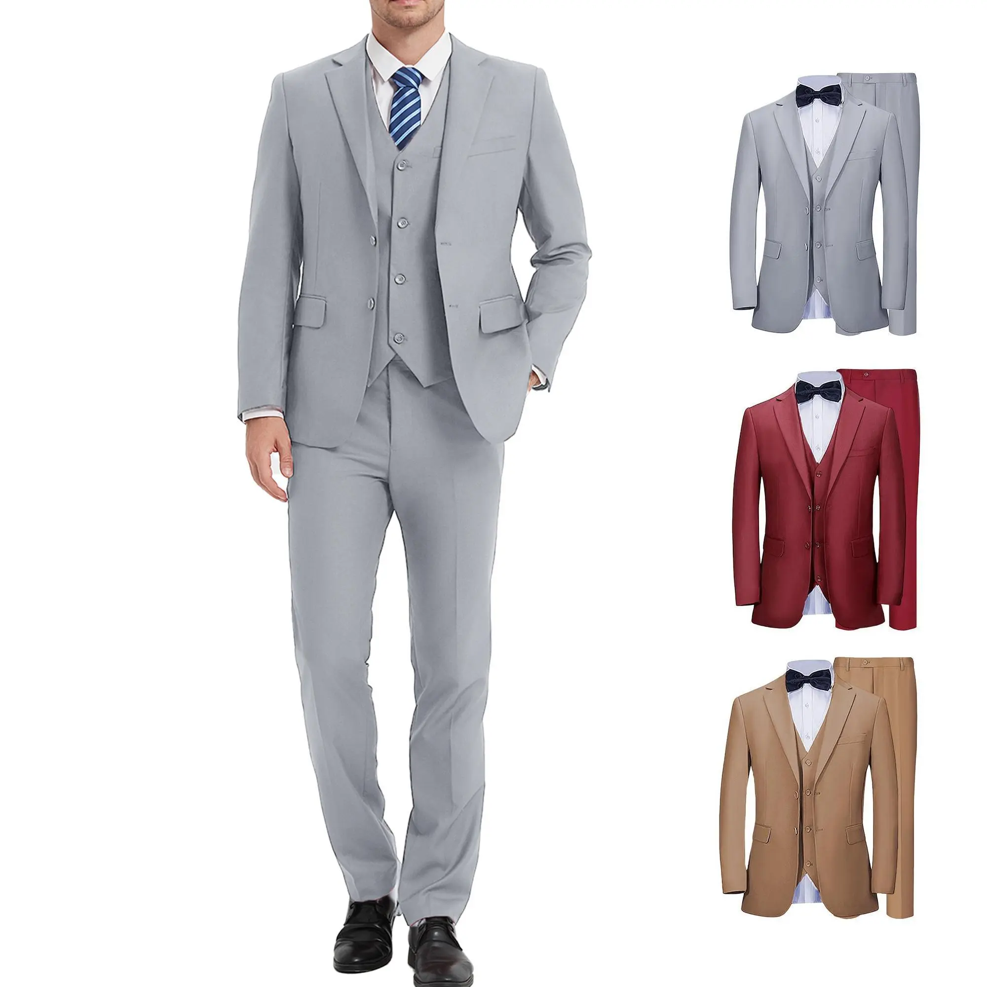 Men's Elegant Plain Matching 3-Piece Menswear Suit with Free Necktie - Long Sleeve Notch Lapel Blazer, Vest, Pants for Weddings, Business Events, Set
