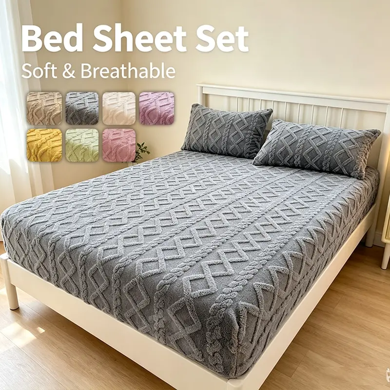 Textured Tufted Plush Fitted Sheet with Matching Pillow Covers, Thick Warm Soft Mattress Liner, All-Around Elastic Deep Pocket Design for Bedroom Night Rest, Dorm & Guest Room Autumn Winter Decor