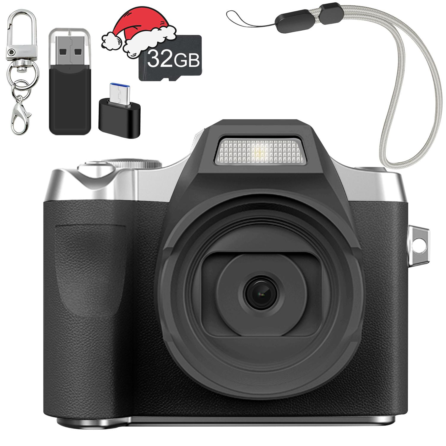 Mini digital camera with high-definition screen，rechargeable retro appearance，equipped with 32GB memory card，suitable for outdoor travel，high-definition video recording，making memories more exciting