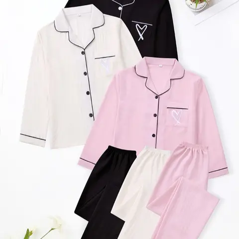 Women's Heart Embroidered Cardigan Set, Long Sleeve Elastic Waist Pants, Casual Comfortable Pajama Sleepwear, Loungewear, Spring & Fall Home Wear