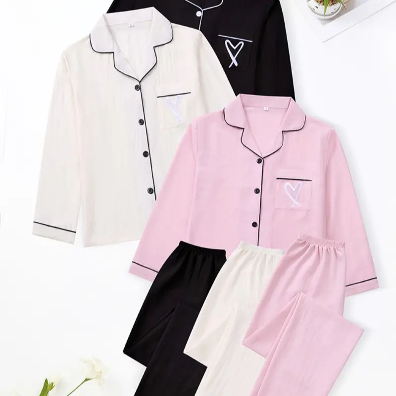 Women's Heart Embroidered Cardigan Set, Long Sleeve Elastic Waist Pants, Casual Comfortable Pajama Sleepwear, Loungewear, Spring & Fall Home Wear