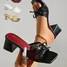 Summer New Women's Lace Mesh Bow Chunky Heel Exquisite Heels Dressy Elegant Fashionable Sandals, Square Open-Toe Slip-On High Heels for Parties, Dates & Daily Wear