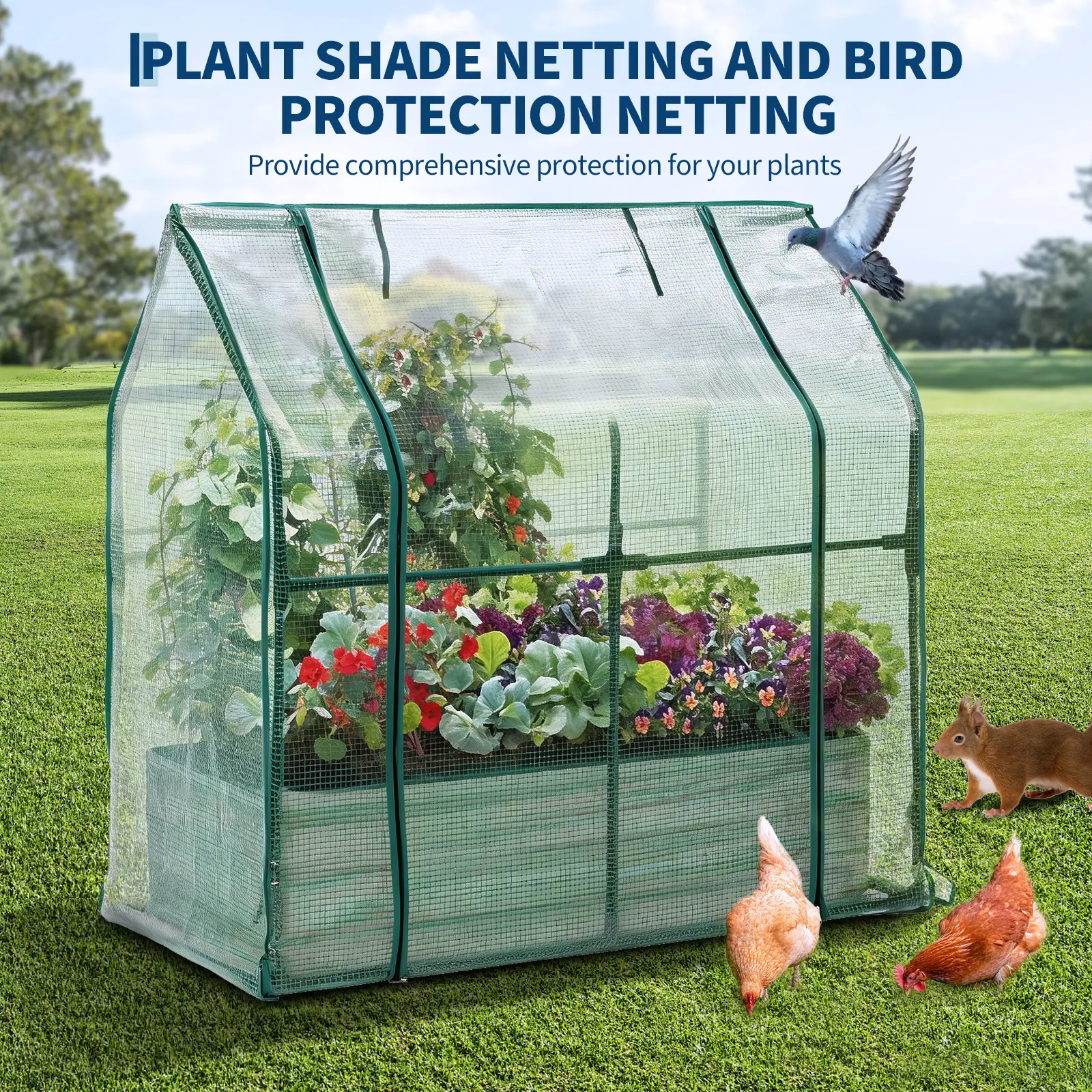 3-in-1 Raised Garden Bed Kit, Galvanized Metal Planter Box with Irrigation System, Greenhouse Cover & Insect Net for Vegetables, Herbs & Flowers, Beige, 120x60x30cm