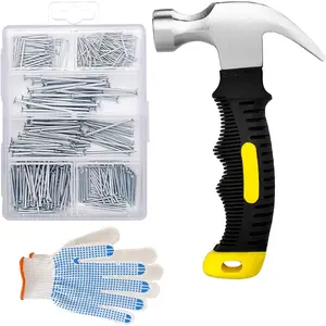 376pcs Hardware Nails Assortment Kit with 8oz Mini Small Claw Hammer, Anti-Slip Handle, Max 2 Inch Finishing Nails for Hanging Pictures, Household & DIY